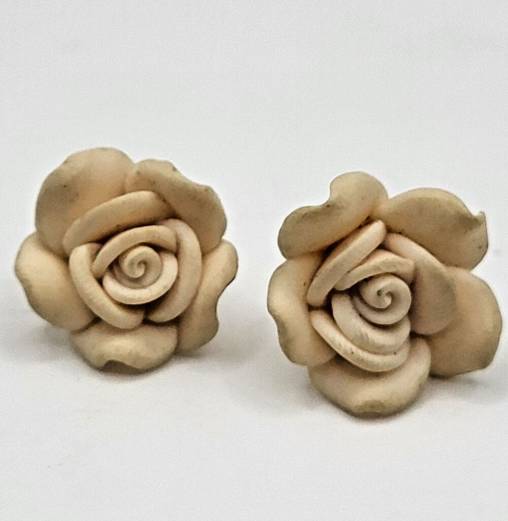 1960s Matte Ivory Rose Celluloid Stud Earrings Soft Clay Mod Era Collectible